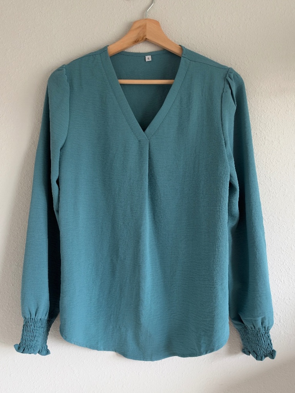 Dusty Teal V Neck Puff Sleeve Blouse Smocked Cuffs Small
